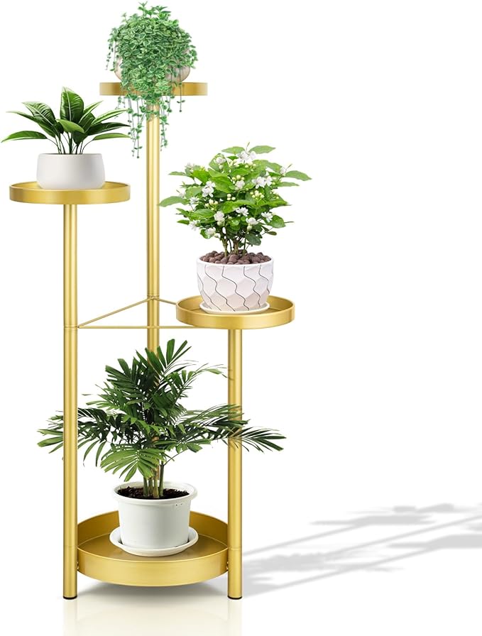 Matekxy Metal Plant Stand Indoor Outdoor 4-Tiper with 4 Flower Pot Holders Corner Tall Plant Shelves Multiplel Foldable Planter Rack Display Shelves for Livingroom, Bedroom, Office - Gold