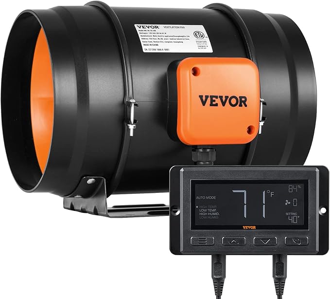 VEVOR Inline Duct Fan, 8-Inch 807 CFM with Temperature Humidity Controller, Quiet EC-Motor Ventilation Exhaust Fan for Cooling Booster, Grow Tents, Hydroponics