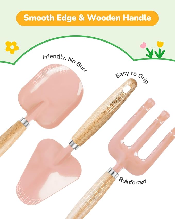 Grenebo Kids Gardening Set Toys, Quality Garden Tool Kit for Kids and Toddlers, Includes Two Shovels, Garden hat,Rake, Apron,Gloves, Watering Can, and Tool Bag (Pink)