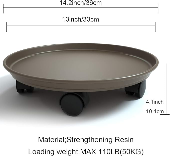 14 Inch Plant Caddy with Wheels, 2 Pack Heavy Duty Round Plant Dolly Tray, Rolling Plant Stand for Indoor Outdoor Use, Brown
