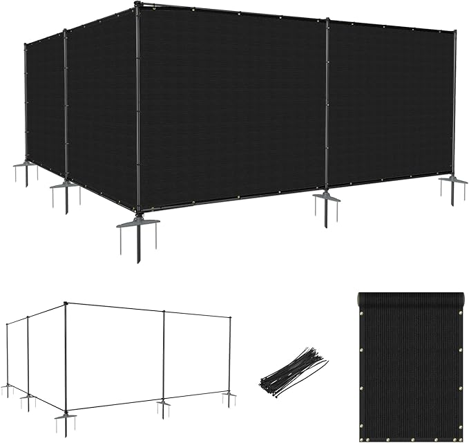 6'Hx77'W Outdoor Freestanding Privacy Screen Fence Panels with Iron Poles, Mesh Shade Net Cover Temporary Fencing for Patio Backyard Garden Deck, Black