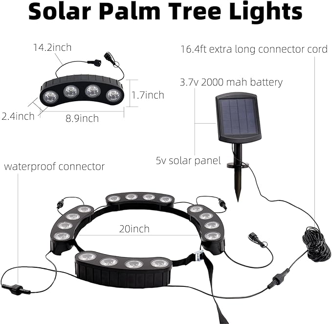 Sublume Solar Tree Lights Outdoor, Spotlights with Bright Warm White LED for Landscape Uplighting, 2-in-1 (Sticked&Tied), IP65 Waterproof, 2000Mah Palm Tree Ring Uplights for Flag Pole, Garden, Yard