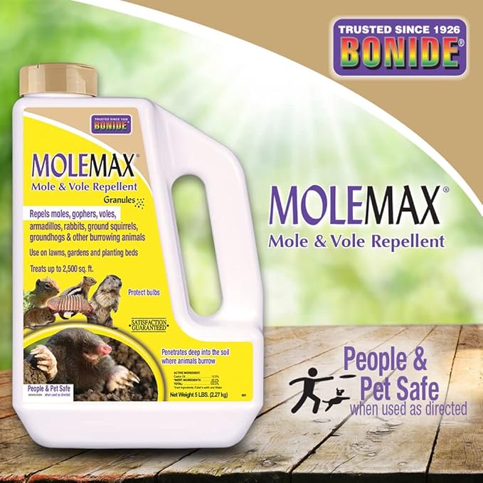 Bonide MOLEMAX Mole & Vole Repellent Granules, 5 lbs. Ready-to-Use, Outdoor Lawn & Garden Mole Control, People & Pet Safe