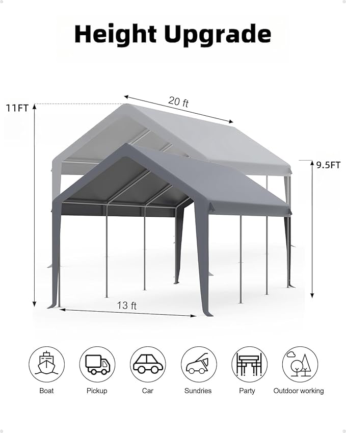 20 ft x 13 ft x 11 ft Carport Top Replacement Cover - Heavy-Duty Grey Tarp, Windproof Waterproof & UV Protected (Top Cover ONLY, Frame Not Included)