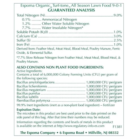 Espoma Turf-Tone All Season Organic Lawn Food with Iron & Exclusive Bio-Tone Formula - Slow Release Long Lasting Feeding for All Lawns - Granular Lawn Fertilizer for All Seasons - Made in USA, 28 lbs