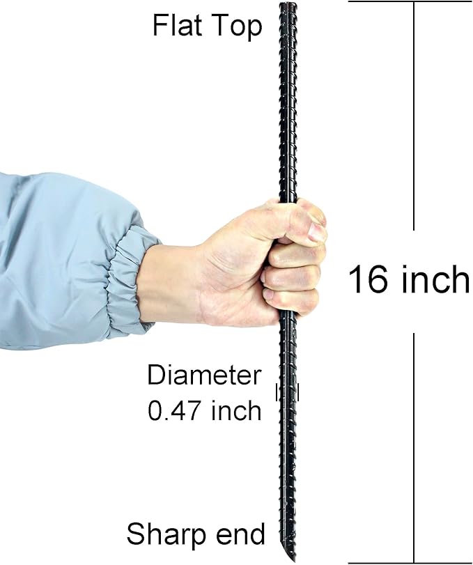 16 Inch Ground Rebar Stakes Heavy Duty Steel Ground Anchors | Straight Metal Stakes with Chisel Point end for Outdoor, Black Powder Coated