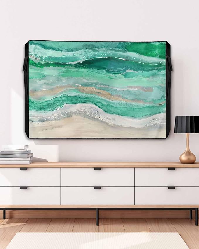 Outdoor TV Cover 48-50 Inch Weatherproof, Green Coastal Outdoor TV Enclosure with Zipper & Roll Up Front Flap, Summer Beach Nautical Abstract Art Waterproof TV Covers for Outside TV