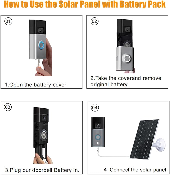 4W Solar Panel with Battery Pack for Ring Video Doorbell 2/3/3 Plus/4, IP65 Waterproof, 360° Adjustable Mount, 16.4ft Cable