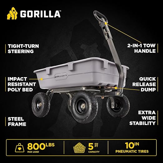 Gorilla Carts Heavy-Duty Poly Dump Cart, 5 Cu Ft Tub, 800 lb Haul Capacity, Gray – Towable Utility Wagon with Quick-Release Dumping & Pneumatic Tires for Yard, Landscaping and Gardening