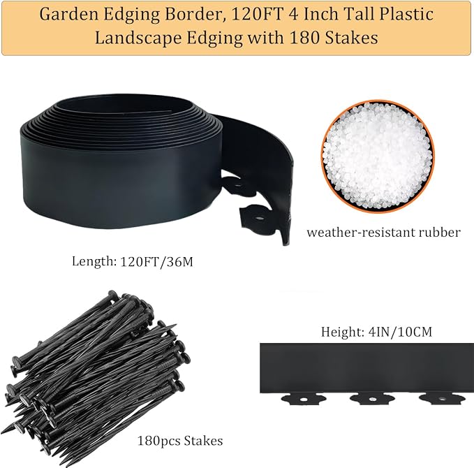 Landscape Edging Border 120FT, 4IN Tall Garden Edging with 180pcs Spikes, Plastic Lawn Edging Kit, Tool-Free Flexible Edge Border for Garden, Flowerbeds, Tree Surrounds, Yard, Pathway, Black