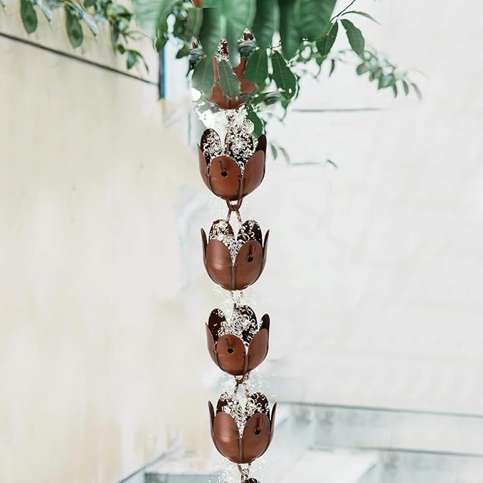 6ft Rain Chain for Gutters Durable Antique Copper Rain Chains for Outside with 17 Large Lotus Cups Decorative Rain Catcher Chain Downspout Replacement for Outdoor Drainage & Eaves