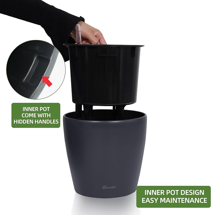 Dexceder 9x8 Self Watering Planter (Slate Gray Matte) | Inner Pot Design, Thickened Table Flower Plant Pot with Water Level Indicator Indoor Outdoor