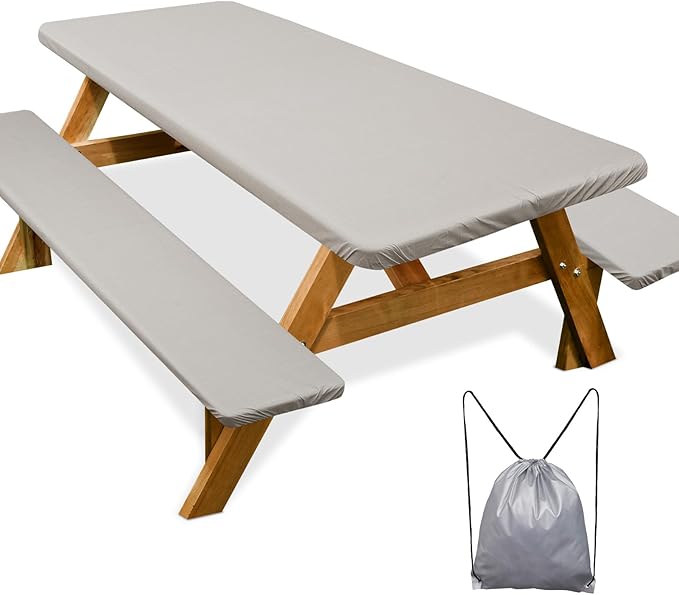 Picnic Table Cover with Bench Covers Camping Essentials Waterproof Windproof Camping Tablecloth with Drawstring Bag, Fitted Rectangle Tables and Seats, 72in, Beige Linen Texture