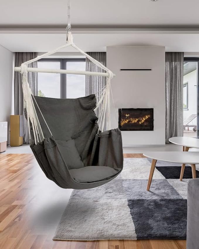 ADVOKAIR Hammock Chair Hanging Chair Swing Large Indoor with Anti-Slip Steel Spread Bar and Pocket-Max 500lbs-2 Cushions, Perfect for Bedroom,Outdoor,Patio, Porch,Backyard