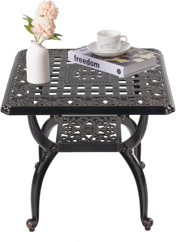 Cast Aluminum Outdoor Side Table,Small Patio Table,Outdoor Coffee Tables for Patio,Garden,Balcony, for All Weather (Copper, Square)