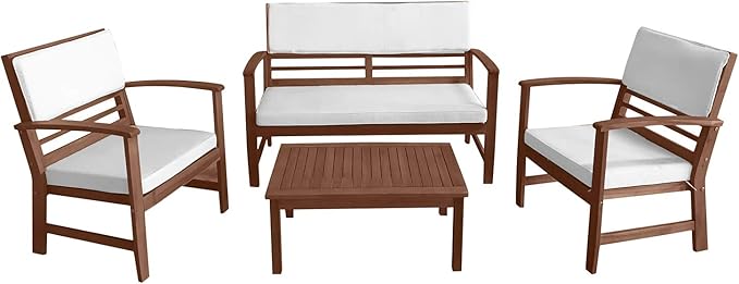 FDW 4-Piece Patio Conversation Set Acacia Wood Outdoor Sofa & Chairs with Coffee Table, Water-Resistant Cushions for Backyard, Garden, Balcony, Porch, Deck, Poolside, Beach Chat Set