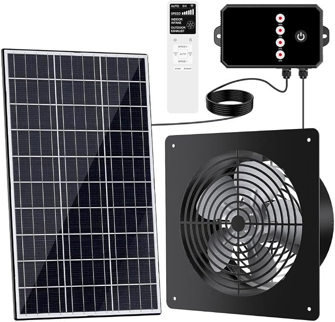 15W Solar Powered Fan with Reversible Airflow - Intake & Exhaust, Programmable Remote Control with Timer, Aluminum Fan for Chicken Coop, Greenhouse, Shed, Pet House