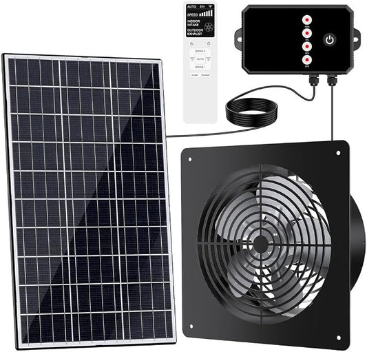 15W Solar Powered Fan with Reversible Airflow - Intake & Exhaust, Programmable Remote Control with Timer, Aluminum Fan for Chicken Coop, Greenhouse, Shed, Pet House
