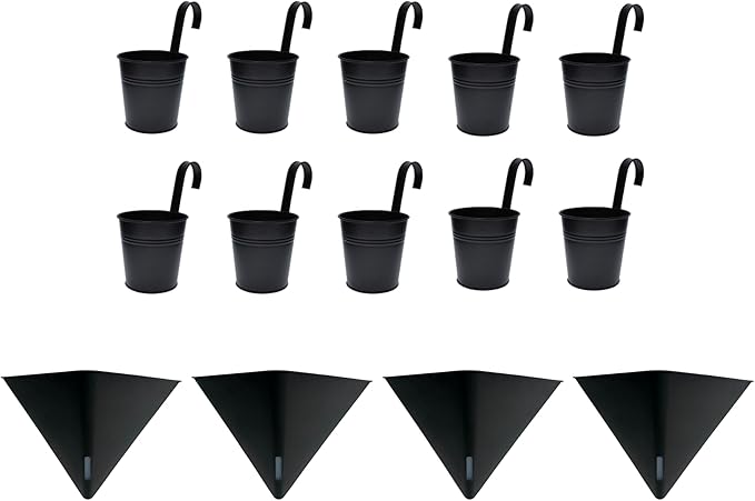LaLaGreen Bundle- 10 Pack, 4 Inch Black Metal Pot + 4 Pack, 12 Inch Self Watering Pot Geometric Hanging Vertical Wall Mounted Flower Vase Balcony Porch Home Decor Succulent Herbs Plant Holder Garden