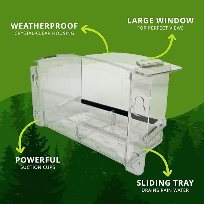 Nature Gear Acrylic Clear Window Bird Feeder with Strong Suction Cups, Removable Sliding Seed Tray, Weather-Resistant & Easy to Clean for Window Viewing, Earth-Friendly Dome