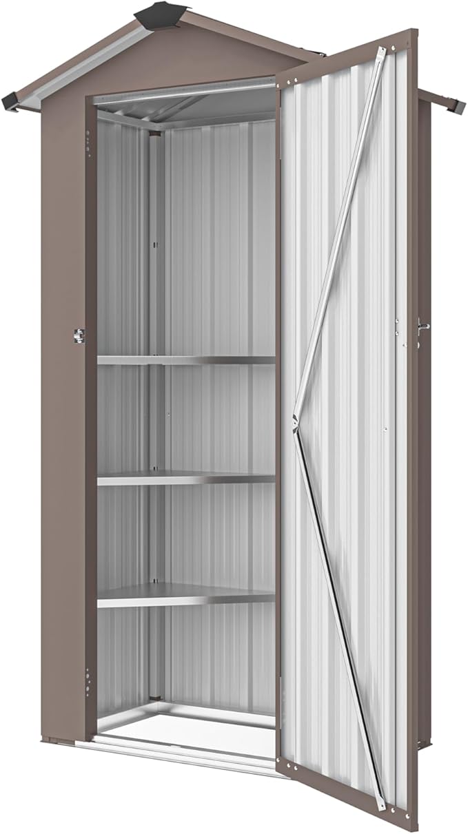 YOPTO 2.5x1.4 FT Outdoor Storage Shed, Tool Shed with Waterproof Roof and Lockable Door,Metal Shed with Adjustable Open Shelves for Backyard Garden Patio Lawn,Brown