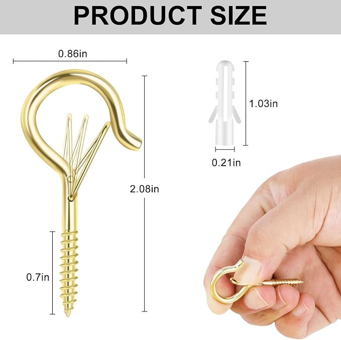 FSAH 35 PCS Screw-in Hooks for Outdoor String Lights, Q Hangers Hooks Outdoor for Outside, Swivel Hanging Basket Patio Light Hooks with Safe Buckle Screw in Planter Eye Hook for Wall Ceiling, Gold