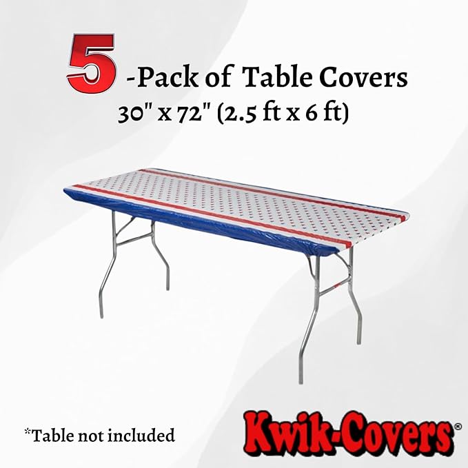 Kwik-Covers 6' Rectangle Plastic Table Covers 30" x 72", Bundle of 5 (Patriotic)