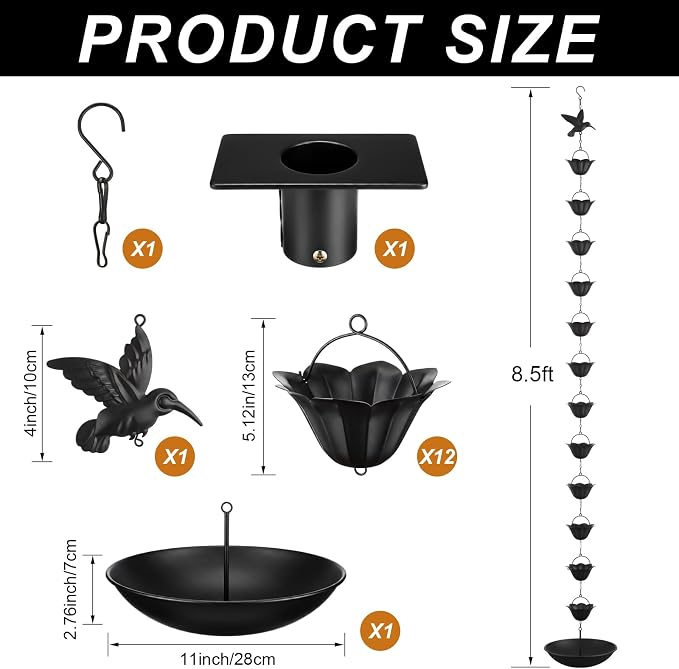 MorningRo Black 8.5ft Rain Chains for Gutters Outside with Anchor Basin 12 Cups Rain Chain Catcher Downspout Replacement Adjustable Metal Garden Rainwater Divert for Eaves Drainage (Hummingbird)
