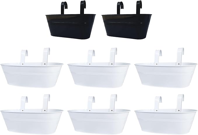 LaLaGreen Bundle- 2 Pack, 11.2 Inch Black Metal Pot + 6 Pack, 15 Inch White Metal Pot Wall Mount Window Hanging Rail Planter Boxes with Hook Flower Herb Bucket Fence Patio Porch Garden Decor Outdoor