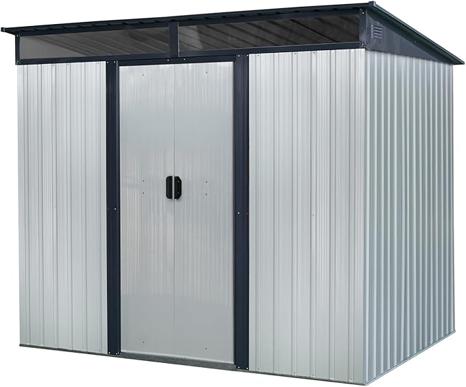 8x6 FT Outdoor Metal Storage Shed, Galvanized Steel Garden Shed, Foundation Frame, Ventilated Tool Storage House, Sloped Roof, Weather Resistant Backyard Shed for Lawn Equipment, White+Black