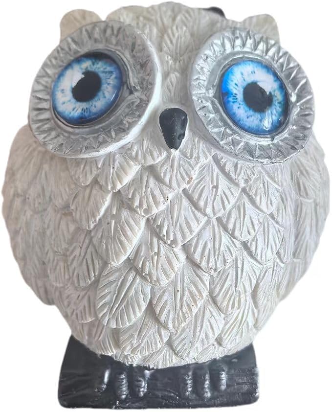 Solar Powered White Blue Eyed owl Lights, Garden Decorative Resin Cute Animal Ground lamp, Wireless Dusk to Dawn LED Warm Lights Waterproof.