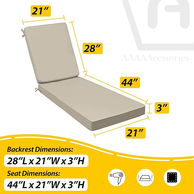 AAAAAcessories Outdoor Chaise Lounge Cushions, Fade-Resistant, Waterproof Patio Furniture Replacement Cushions, 72" x 21" x 3", Beige