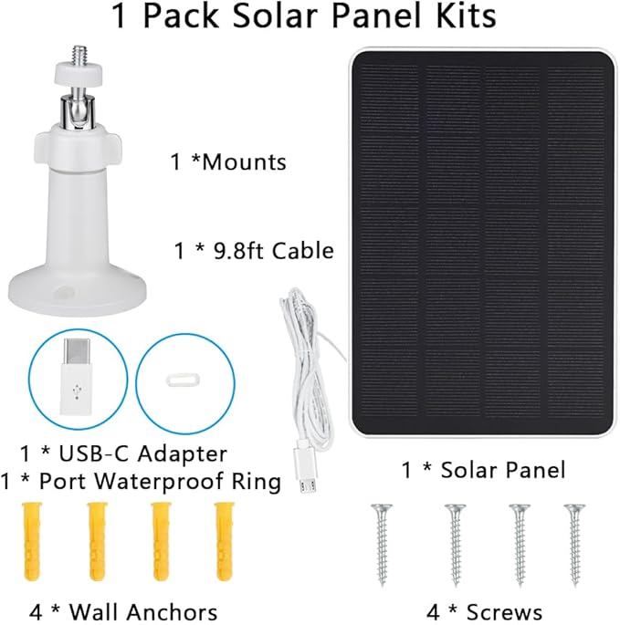 Solar Panel Compatible with WYZE Battery Cam Pro, EufyCam 2C/2C Pro, 4W 5V Solar Panel with 10ft Micro USB Charging Cable for Outdoor Battery Security Camera, Tpye C Adapter, Adjustable Wall Mount