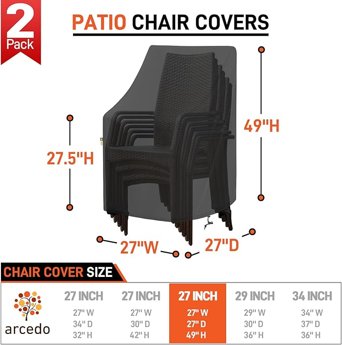 Arcedo High Back Patio Chair Covers 2 Pack, Waterproof Outdoor Dining Chair Covers for Outdoor Furniture Seating, All Weather Protection - 27" W x 27" D x 49" H, Black