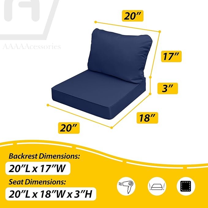 AAAAAcessories Outdoor Seat Cushions for Chairs, Fade-Resistant, Waterproof Patio Furniture Replacement Cushions, 20" x 18" x 3" + 20" x 17", Navy Blue
