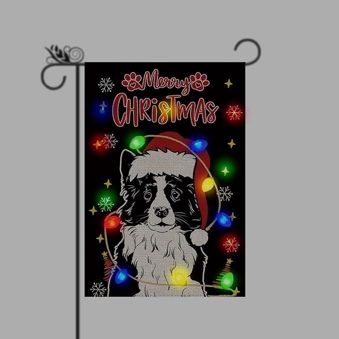 Christmas Dog Garden Flag - Led Border Collie Christmas Decor for Outside, Welcome Garden Flags Double-Sided Flag for Seasonal Winter Farmhouse Yard Lawn Decoration Gifts 12x18 inches