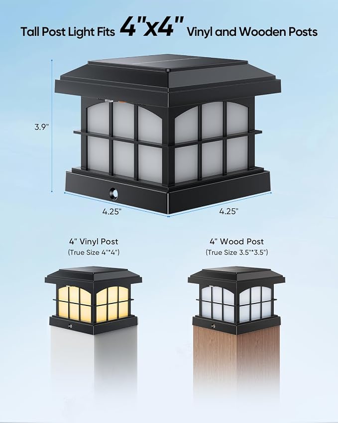 PARTPHONER RGBCW Solar Post Cap Lights 6-Pack, 9 Colors 3 Modes Fence Cap Lights, Bright Solar Outdoor Waterproof LED Deck Lighting for Fence Garden Deck Patio Porch Decor 4x4 Vinyl/Wood, Black