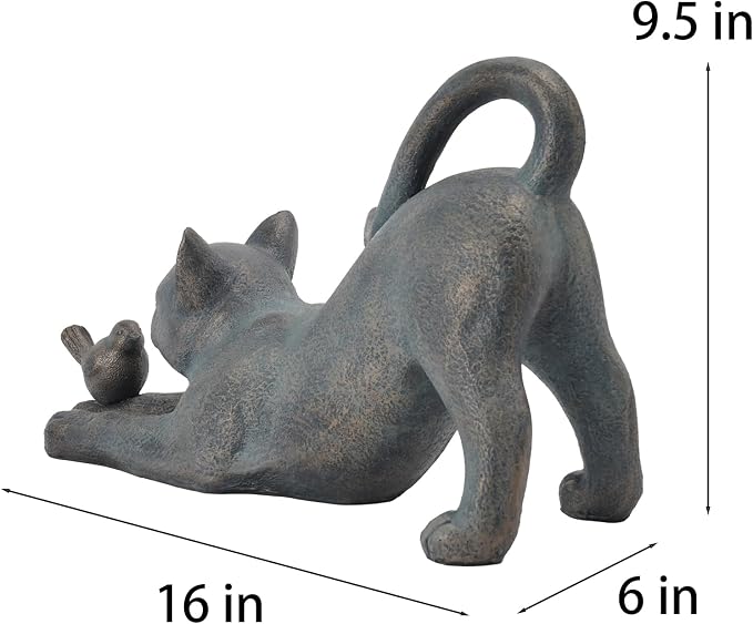 Cat Garden Statues Outdoor Cat-Figurines - Home Garden Decor 16 x 6 x 9.5 inch Resin Cats & Bird Playing Sculpture Statue for Farmhouse Outside Backyard Lawn Gift for Kitten Lovers Newman House Studio