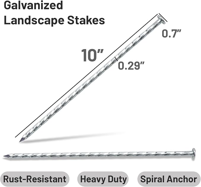 10 Inch Galvanized Landscape Stakes 50 Pack Heavy Duty Metal Anchoring Spikes Garden Nails for Paver Edging, Camping Tent, Weed Barrier, Artificial Turf, Carpentry and More