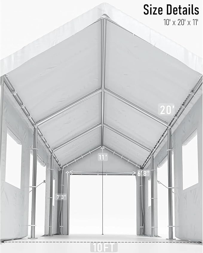 Heavy Duty Carport 10x20ft - Portable Garage with Roll-Up Windows, Removable Sidewalls & Doors, All-Season Tarp for Car, Boat, Truck, Motorcycle - White
