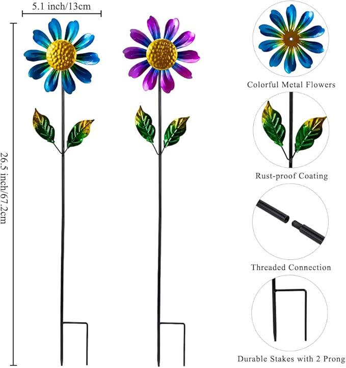 4 Pack Wind Spinner Outdoor,Waterproof Metal Flowers Windmill,Pinwheels for Yard and Garden, Flower Wind Sculpture & Spinner for Patio Lawn Decor