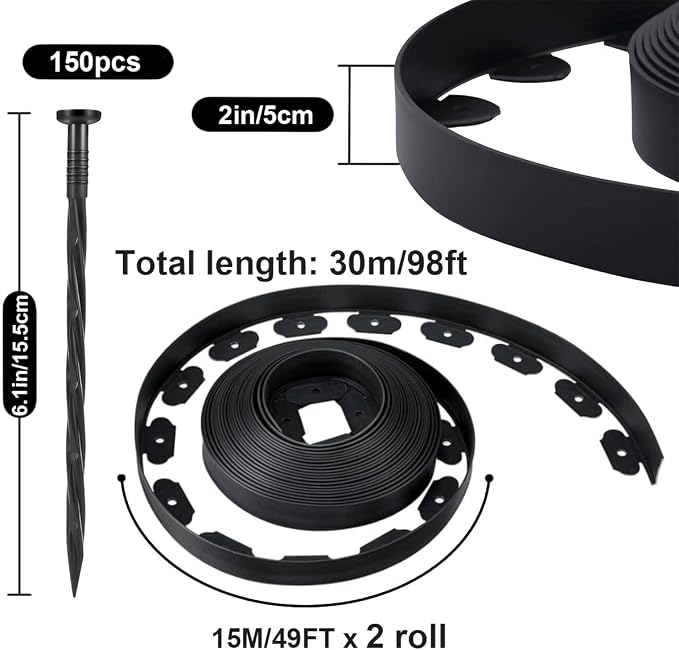 Garden Edging Borders 2IN x 98FT,Landscape Edging Black with 150pcs Plastic Stakes, Lawn Edging Flexible DIY Fence for Landscaping,Flower Bed,Grass,Gravel,Tree Surrounding
