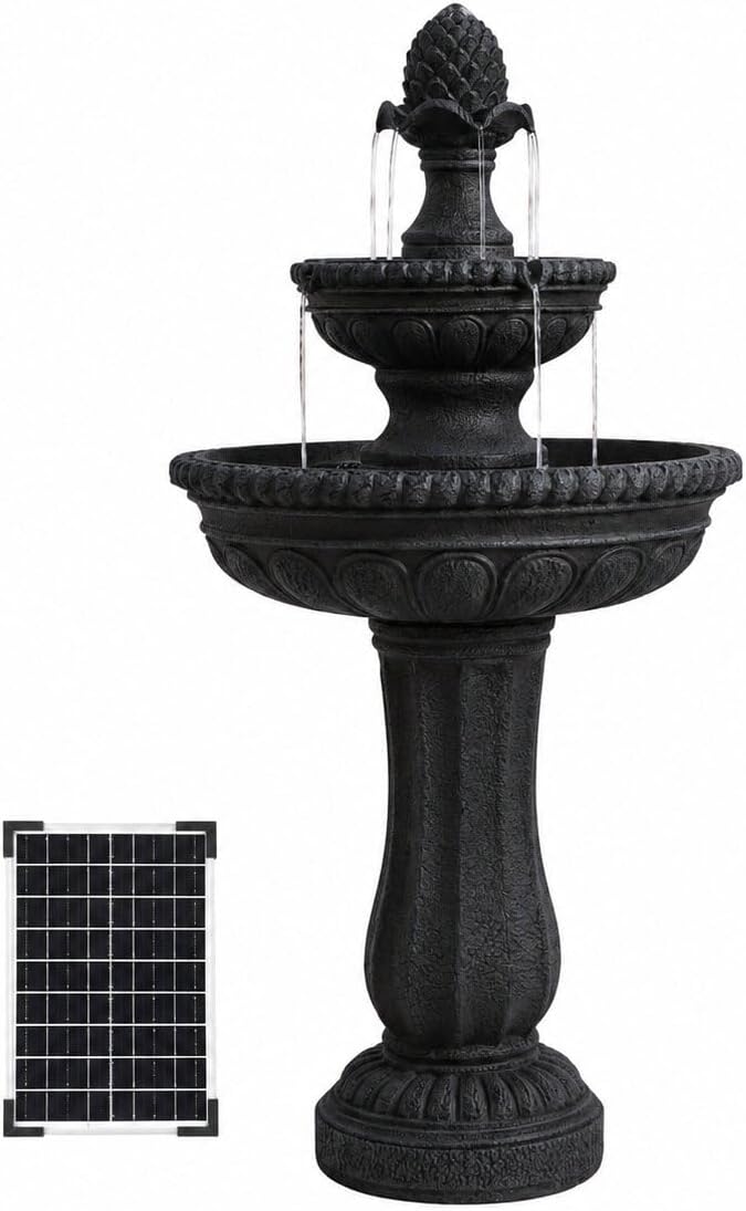 XBrand 39" 2-Tier Outdoor Freestanding Solar Water Fountain - Classic Design, Black Resin Bird Bath with Pump - Ideal for Yard, Lawn and Garden, Porch Décor
