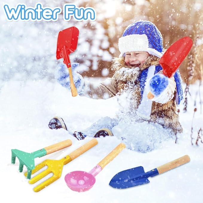 Beach Toys for Kids, 6Pcs 8'' Kids Gardening Tools Sand Toys Set, Metal Garden Tools with Sturdy Wooden Handle, Cylinder, Spoon, Fork, Rake, Flat & Pointed Shovel, Gifts for Children