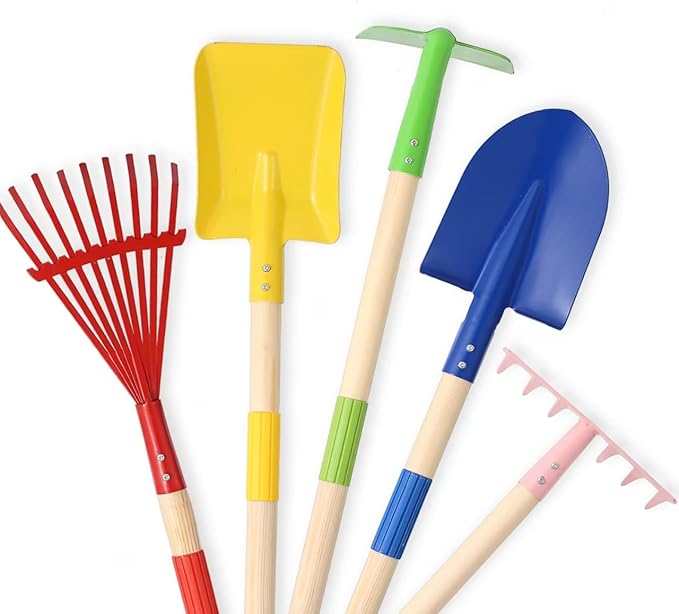 5 PCS 28" Detatchble Kids Gardening Tools, Metal Beach Digging Toys with Sturdy Wooden Handle, Safe Backyard Snow Sensory Playset Including Hoe, Tooth & Leaf Rakes, Flat & Pointed Shovels for Children