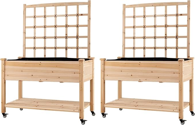 HAPPYGRILL Wooden Raised Garden Bed with Trellis, 65'' Elevated Planter Box w/Legs on Wheels, Liner & Drainage Holes for Climbing Plant Vegetable Flower, Outdoor Garden Box for Backyard Balcony (2)