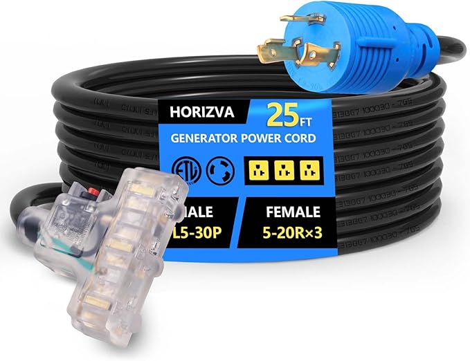 30 Amp to 110 Adapter, 25FT Locking 30 Amp Generator Cord with Circuit Breaker, NEMA L5-30P Male to 3X 5-20 Female, 12/3 Guage 3 Outlet Adapter, ETL Listed Generator Adapter Cord