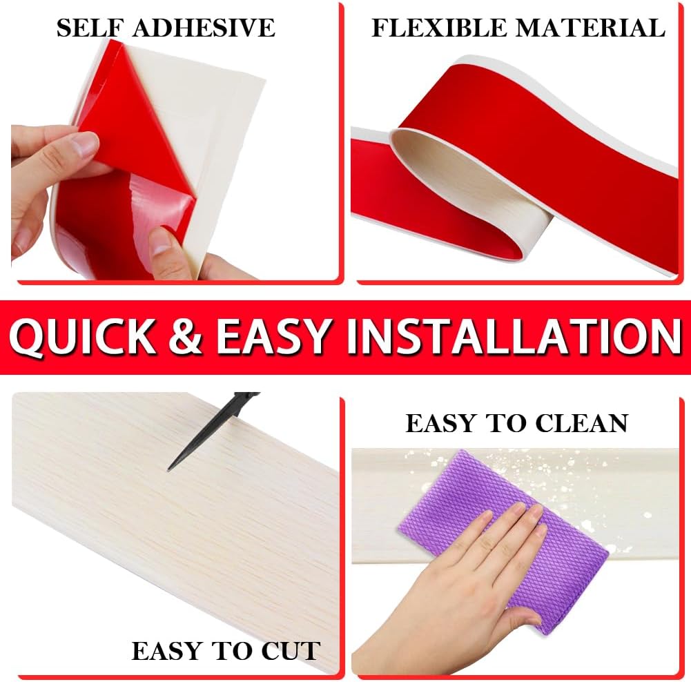 Vinyl Wall Base Baseboard Molding Trim 4" Flexible Self Adhesive Rubber Wall Base Moulding Trim Peel and Stick Design, 4 Inch x 40 Feet, Beige Wood Grain