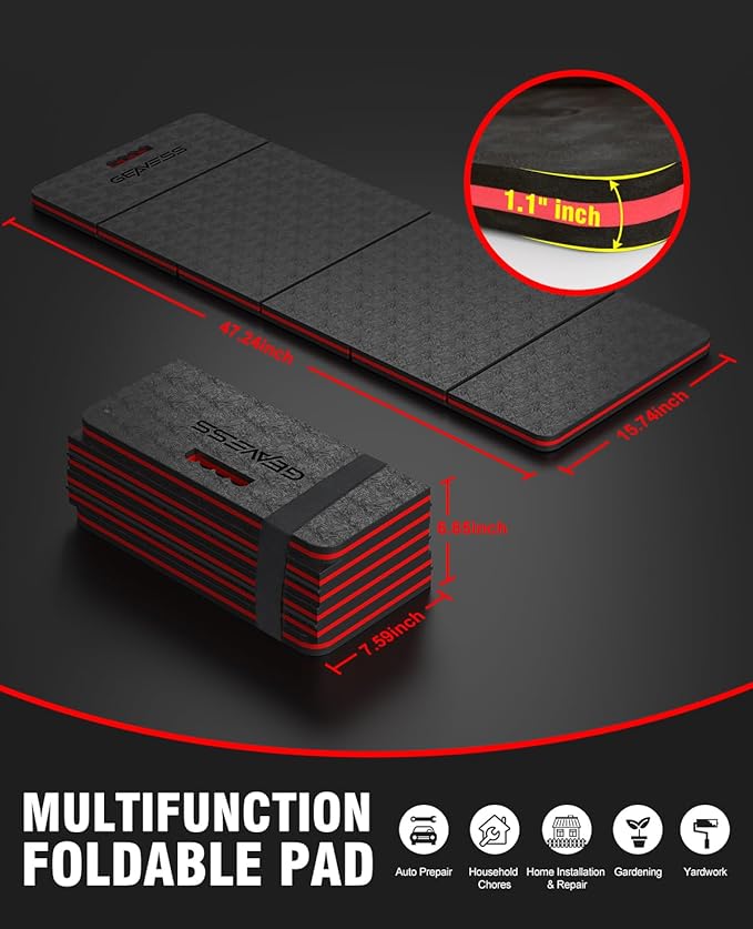 1.1" Foldable Kneeling Pad, Large Supportive Mechanic Mat with Handle & Storage Strap, Extra Thick Comfortable Foam Knee Pad for Gardening, Garage, Workshop Repairing, 47.2"x15.7"