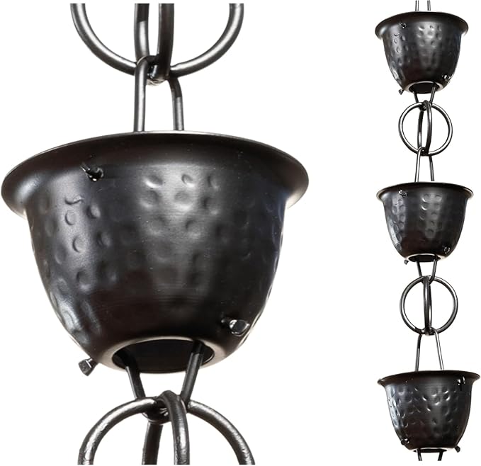 Monarch Rain Chains for Gutters Aluminum – 8.5 ft Hammered Black Rain Chain for Outside, Decorative Heavy Duty Gutter Catcher Downspout Replacement, Modern Durable Hanging Gutter Chain for Outdoor
